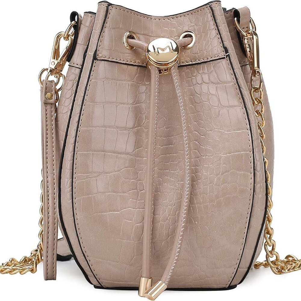 Women's Shoulder Bag, Croco Vegan Leather Crossbody Bag Drawstring Handbag Purse